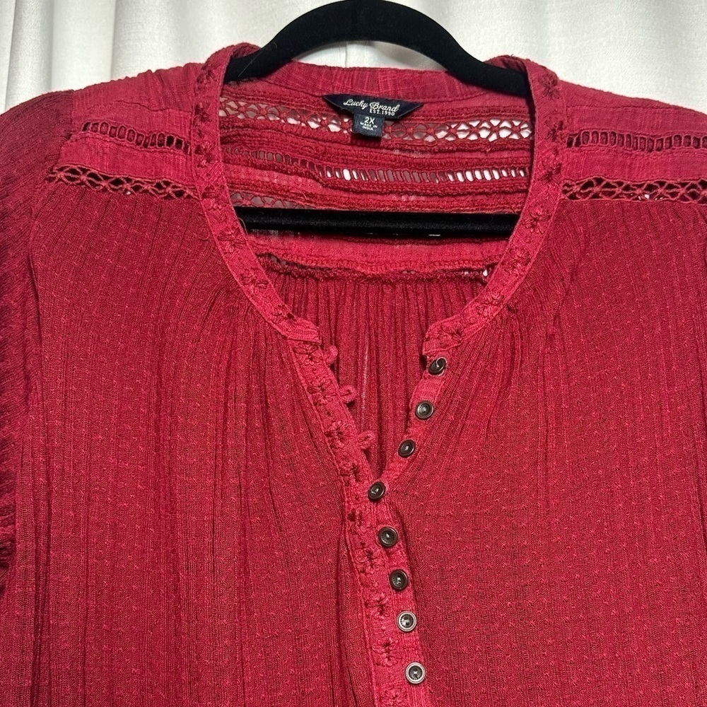 Lucky Brand Blouse Top Womens Plus 2X Boho Peasant Crochet Red Embroidered Linen - Picture 3 of 13